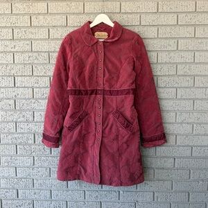 Free People Floral Velvet Jacket Peacoat Size Medium Red Burgundy Long Coat